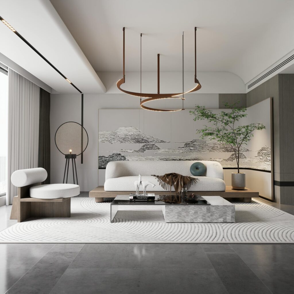 A luxury living room with minimalist design featuring contemporary furniture and decor.