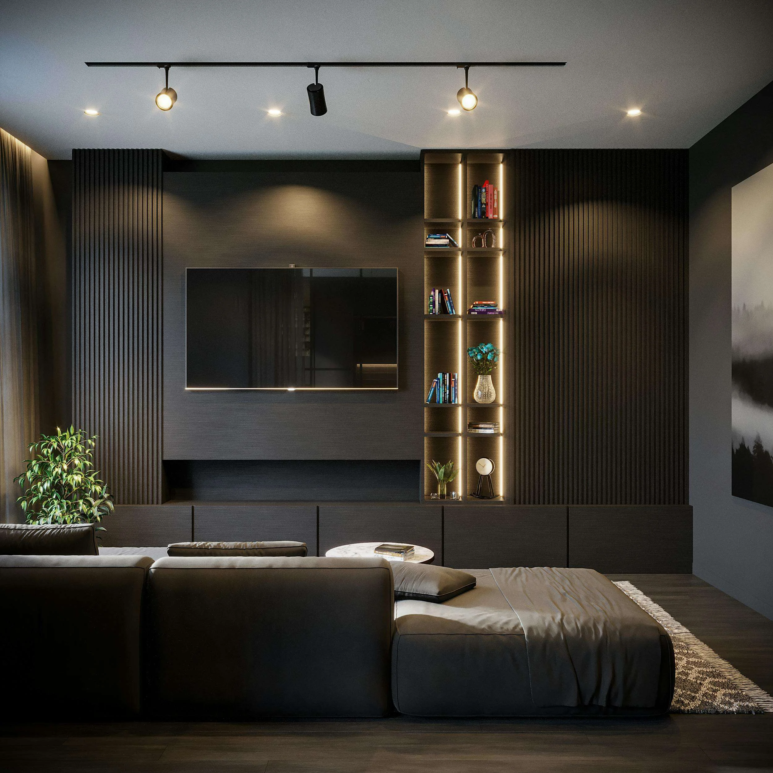 Stylish modern living room featuring sleek furniture and a large flat-screen TV.