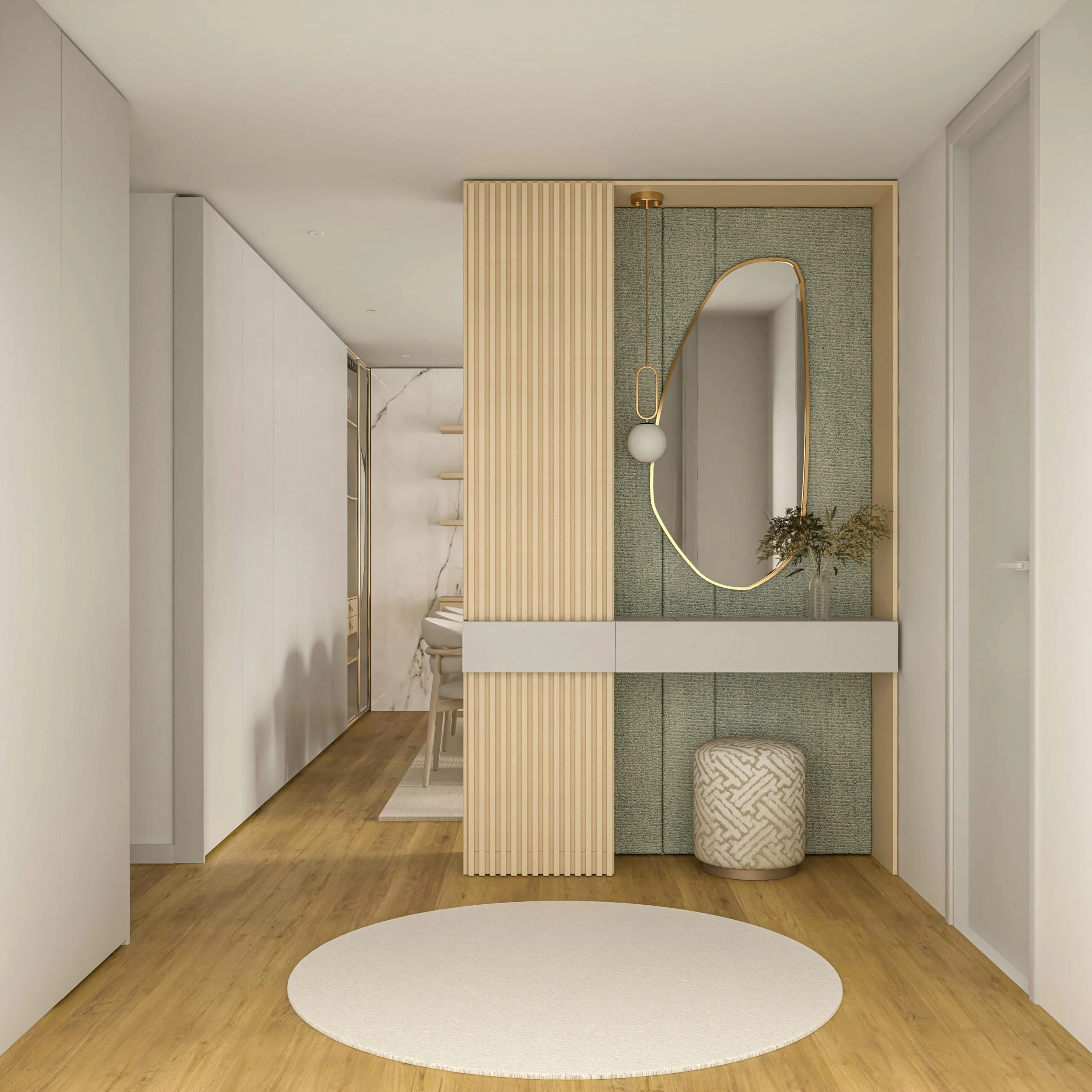 Elegant modern hallway with minimalist decor and a unique wooden mirror.