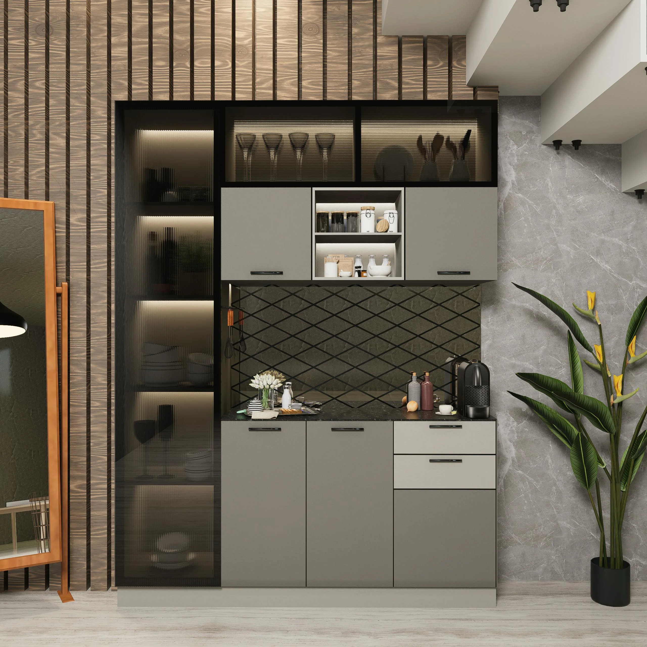 Sleek modern kitchen featuring stylish cabinets, black backsplash, and decorative elements.