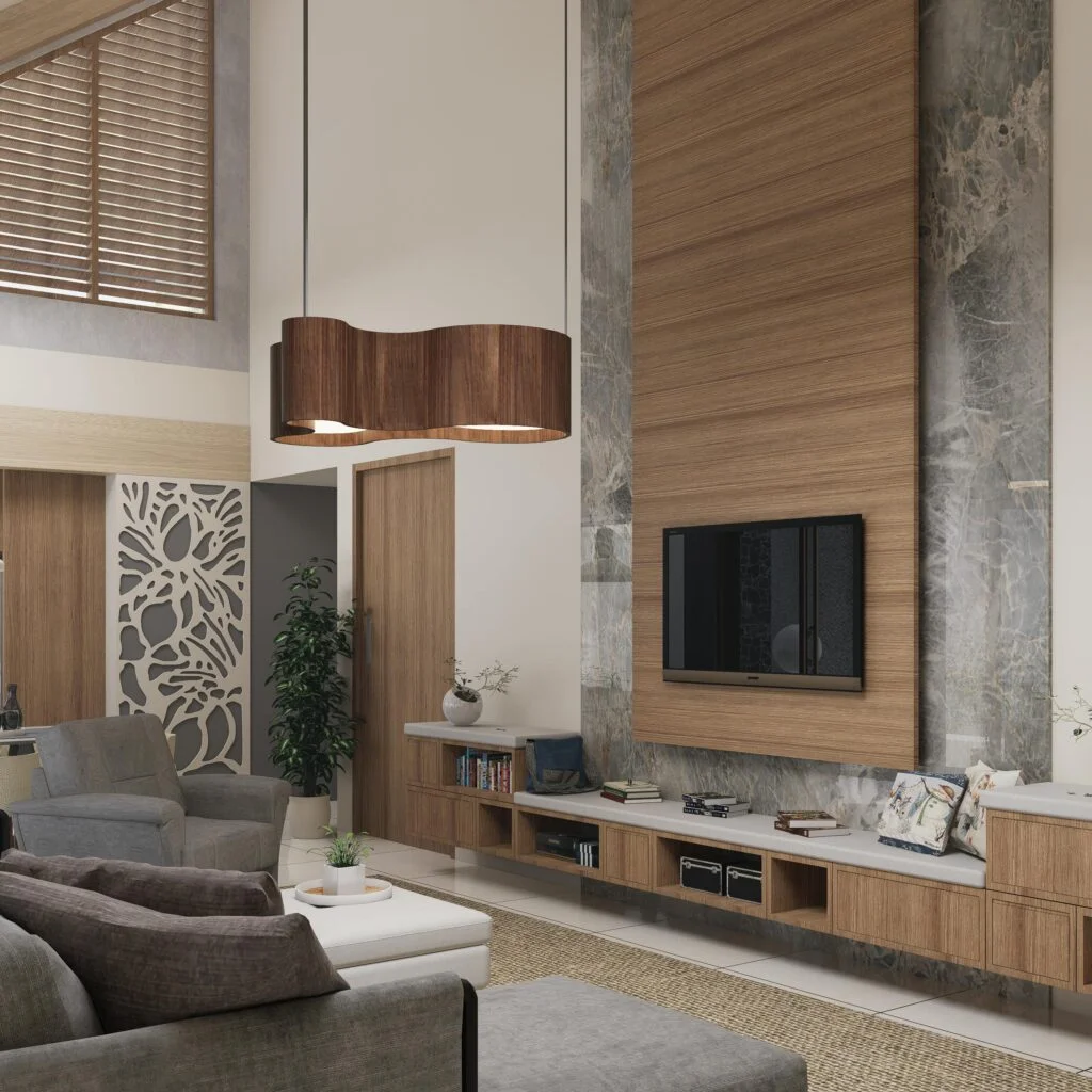 A stylish living room featuring modern and minimalist interior design elements with wooden finishes.